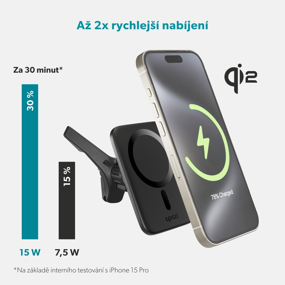 iStores by Epico Qi2 Mag+ Ultrathin Car Charger Wireless Charging 15W - černá