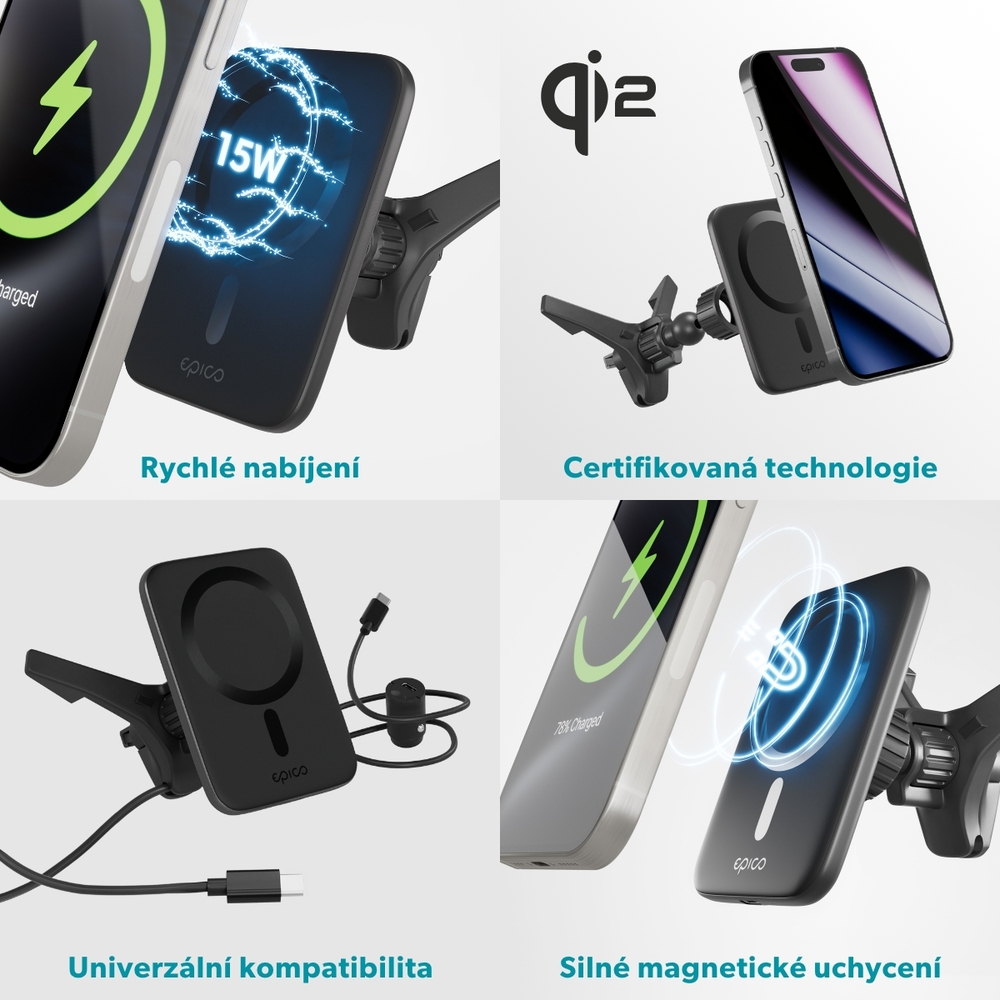 iStores by Epico Qi2 Mag+ Ultrathin Car Charger Wireless Charging 15W - černá