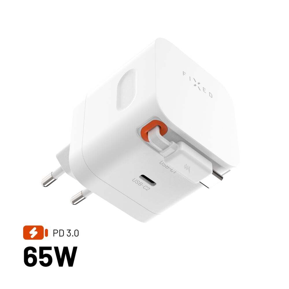 FIXED Sieťová GaNnabíjačka s 2xUSB-C výstupom PD 3.0, so samonavýjacím káblom, 65W, biela