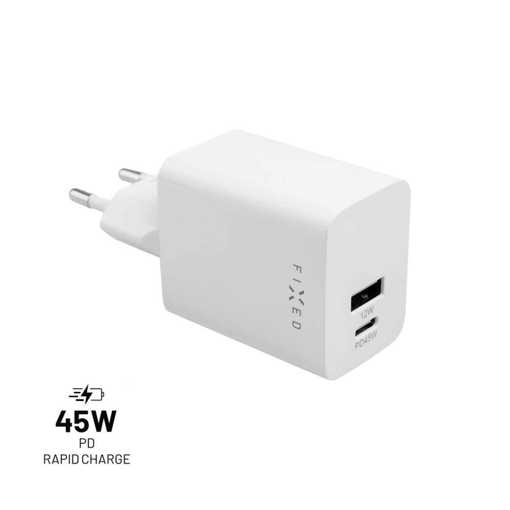 FIXED Mini Sieťová nabíjačka s USB-C a USB výstupom a podporou PD, 45W, biela