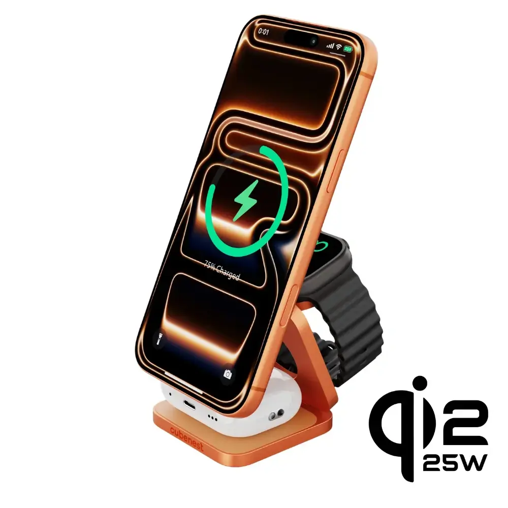 Cubenest Qi2.2 3v1 Skládací bezdrátová magnetická nabíječka SQ312 Ultra - oranžová