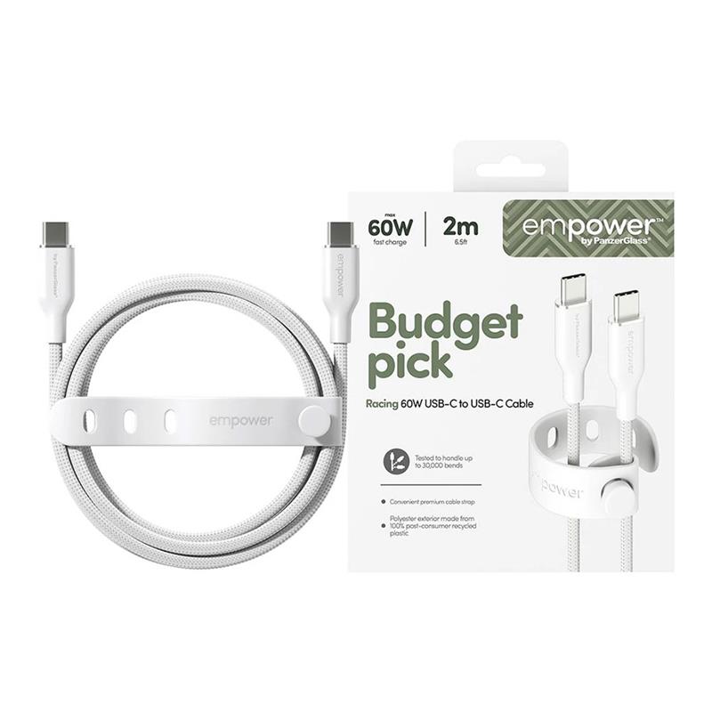 PanzerGlass kábel EMPOWER Racing USB-C to USB-C 2m 60W - White