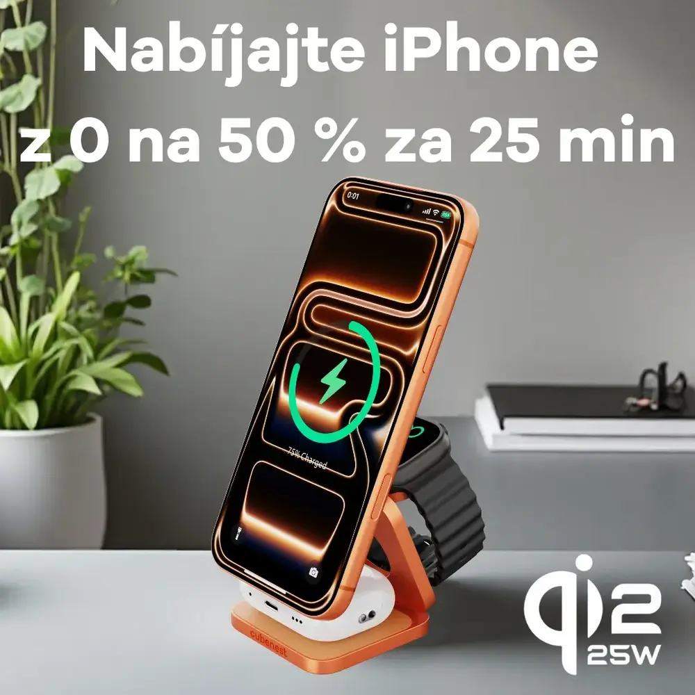 Cubenest 3v1 Qi2.2 Skladacia bezdrôtová magnetická nabíjačka SQ312 Oranžová *Rozbalený*