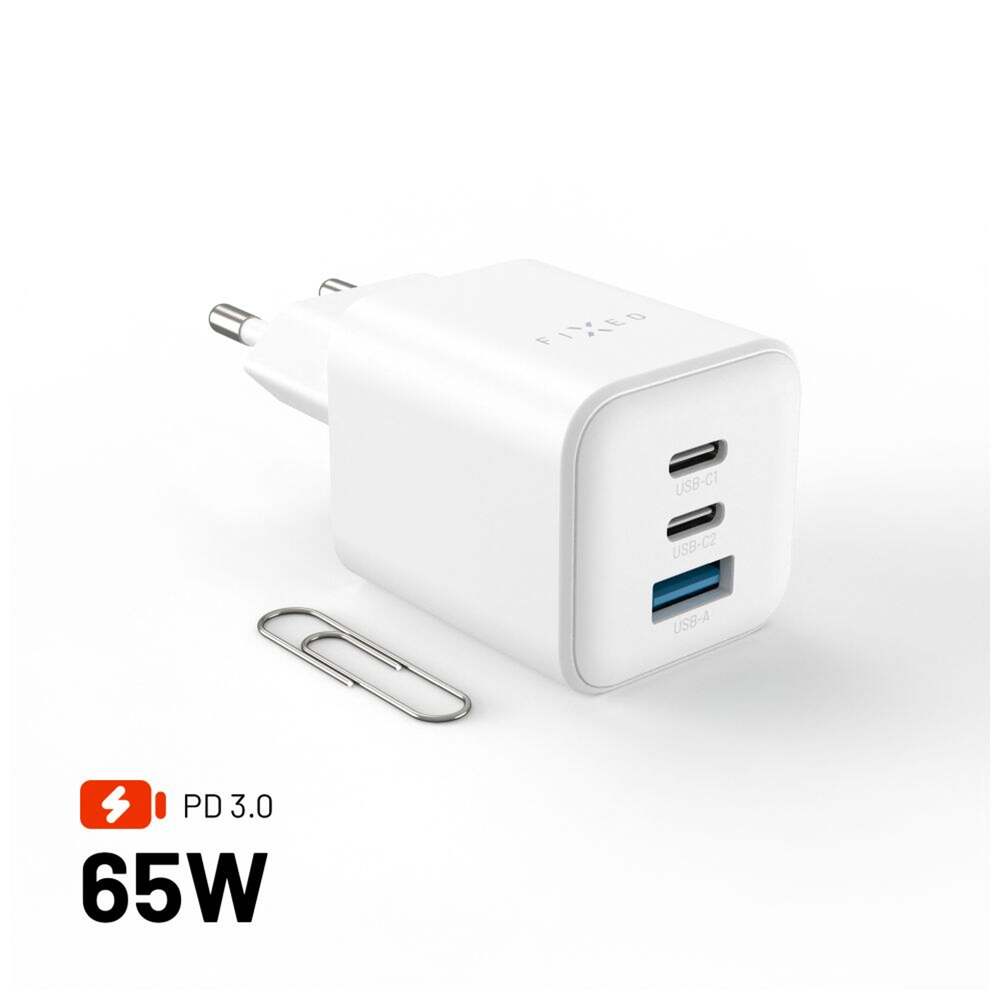 FIXED GaN Mini Sieťová nabíjačka s 2xUSB-C a USB výstupom a podporou PD, 65W, biela