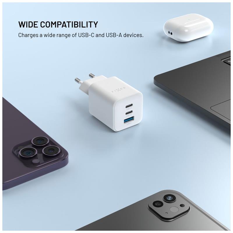 FIXED GaN Mini Sieťová nabíjačka s 2xUSB-C a USB výstupom a podporou PD, 65W, biela