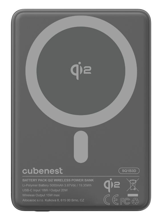 Cubenest Qi2 Magnetic Wireless SlimDual PowerBank 5000 mAh SQ1B3D - černá