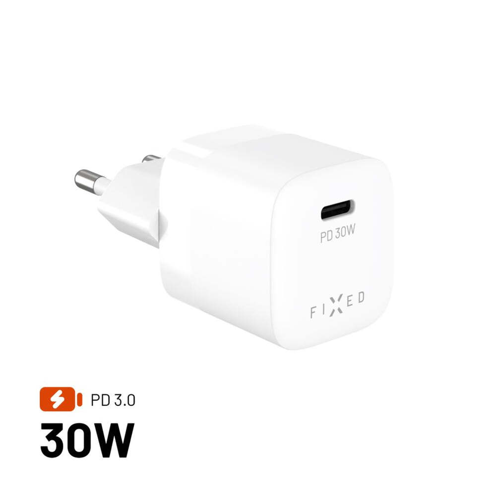 FIXED Mini Sieťová GaN nabíjačka s USB-C výstupom a podporou PD, 30W, biela
