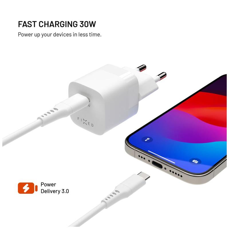 FIXED Mini Sieťová GaN nabíjačka s USB-C výstupom a podporou PD, 30W, biela