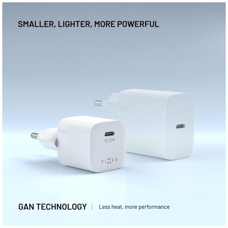 FIXED Mini Sieťová GaN nabíjačka s USB-C výstupom a podporou PD, 30W, biela