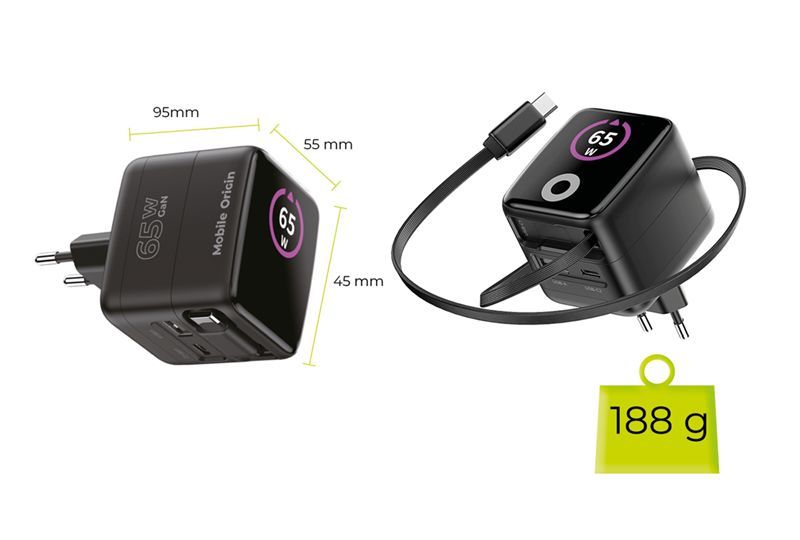 Mobile Origin 65W GaN Display Charger PW3 USB-C Self-Retracting Cable/USB-C/USB-A