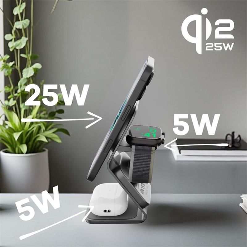 Cubenest Qi2.2 3v1 bezdrátová magnetická nabíječka SQ314 - šedá