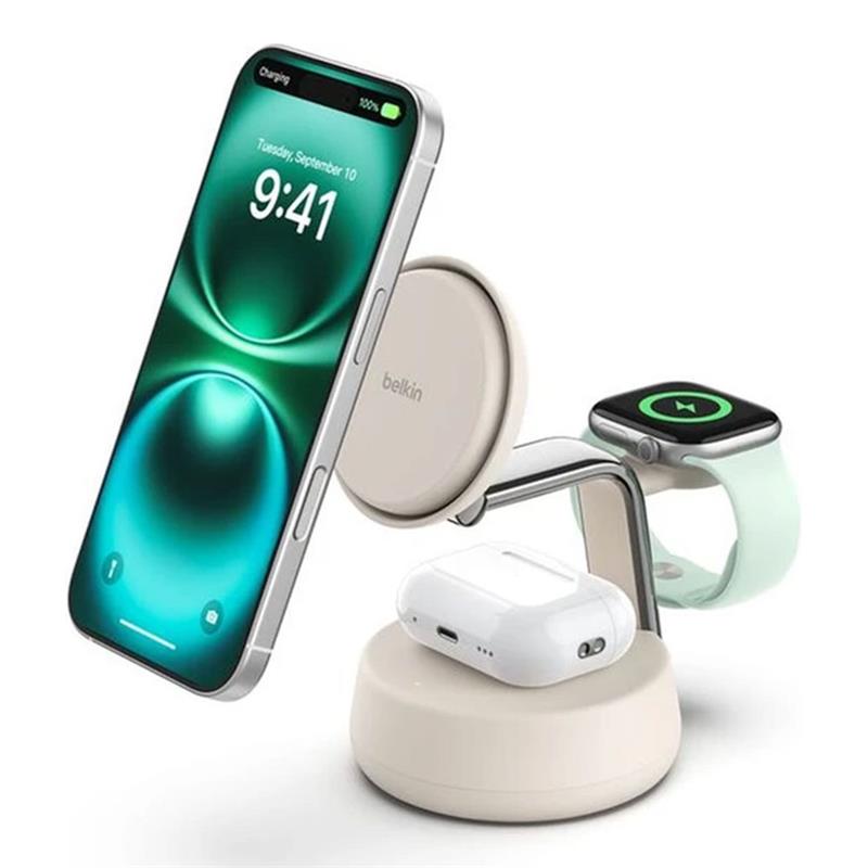 Belkin UltraCharge Pro 3-in-1 Magnetic Charging Dock with Qi2 25W - Sand