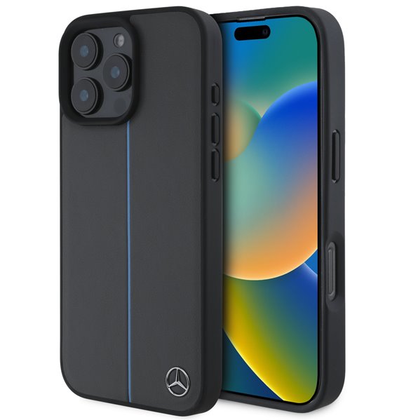 Mercedes Leather Blue Stripe MagSafe Zadný Kryt pre iPhone 16 Pro čierny