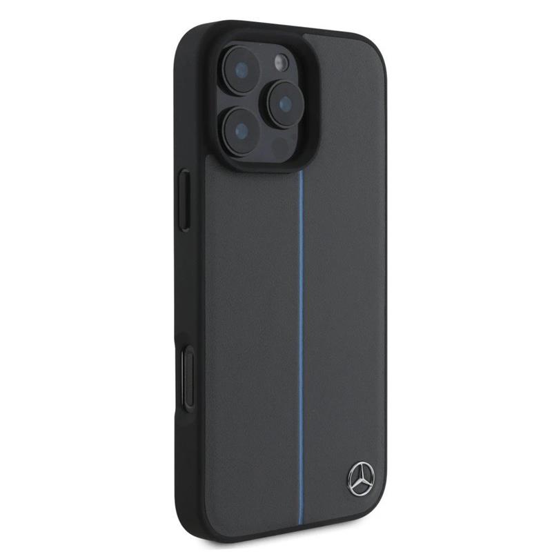 Mercedes Leather Blue Stripe MagSafe Zadný Kryt pre iPhone 16 Pro čierny