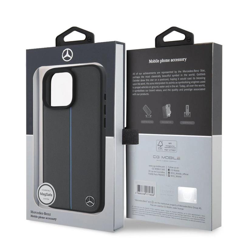 Mercedes Leather Blue Stripe MagSafe Zadný Kryt pre iPhone 16 Pro čierny