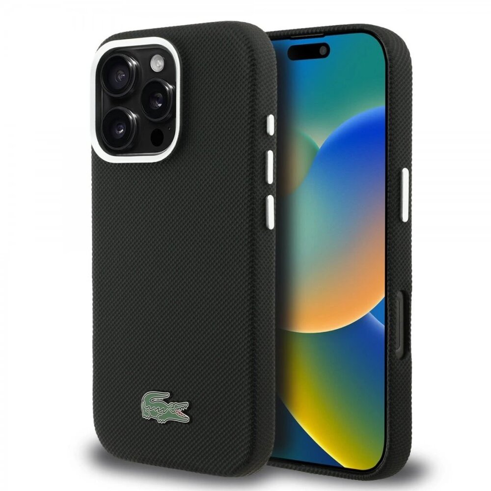 Lacoste PVC Iconic Petit Pique Metal Logo MagSafe kryt iPhone 16 Pro Max čierny