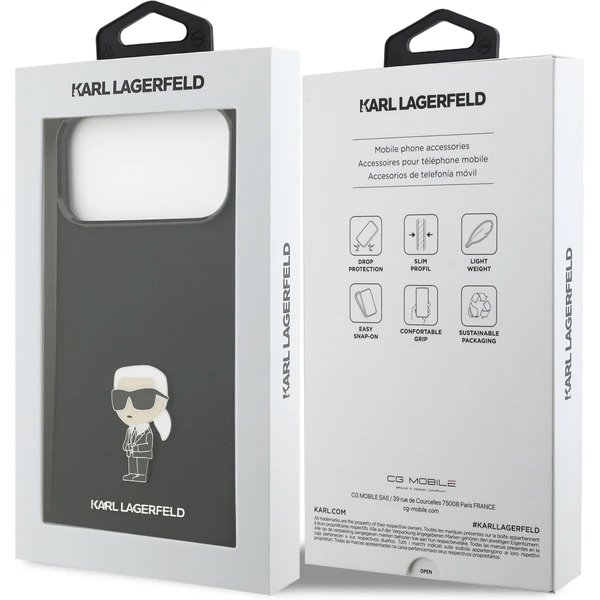 Karl Lagerfeld Liquid Silicone Metal Ikonik kryt iPhone 17 Pro Max čierny
