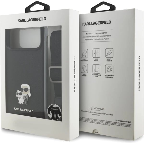Karl Lagerfeld Saffiano Crossbody Popruh Metal Karl and Choupette kryt iPhone 17 Pro čierny