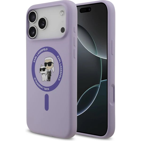 Karl Lagerfeld Liquid Silicone Karl a Choupette MagSafe kryt iPhone 17 Pro fialový