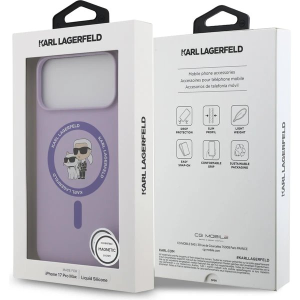 Karl Lagerfeld Liquid Silicone Karl a Choupette MagSafe kryt iPhone 17 Pro fialový