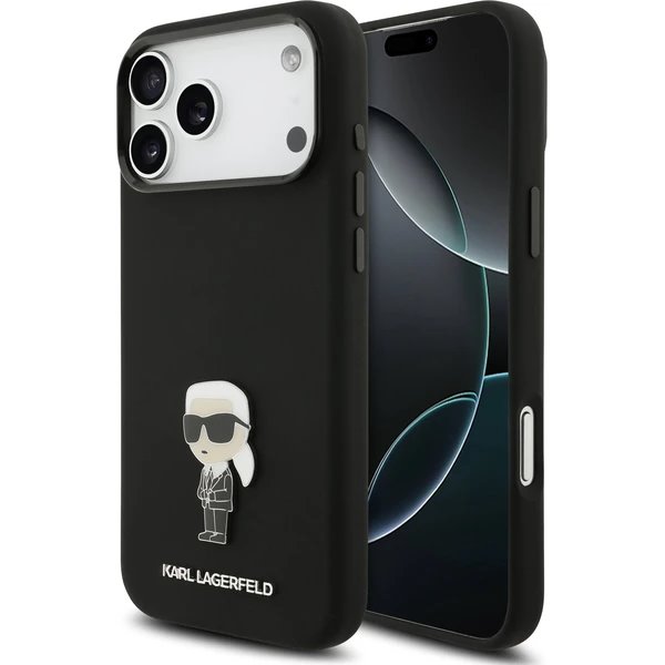 Karl Lagerfeld Liquid Silicone Metal Ikonik kryt iPhone 17 Pro čierny