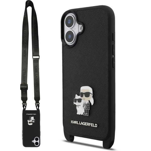 Karl Lagerfeld Saffiano Crossbody Popruh Metal Karl and Choupette kryt iPhone 17 čierny