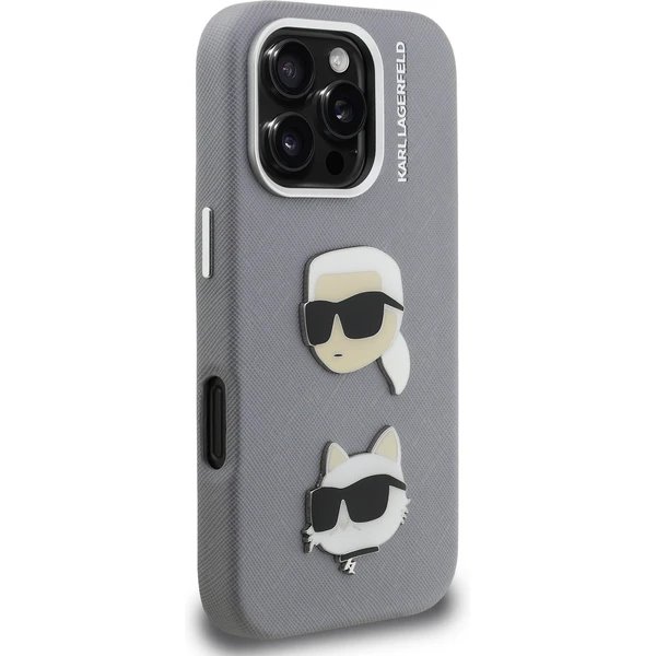 Karl Lagerfeld Grained PU K&CH Heads kryt iPhone 16 Pro Max šedý