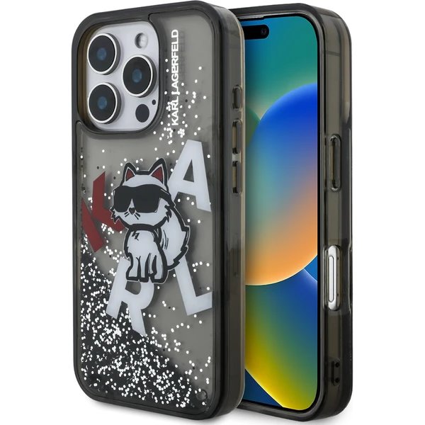 Karl Lagerfeld Liquid Glitter Scattered Choupette kryt iPhone 16 Pro Max čierny