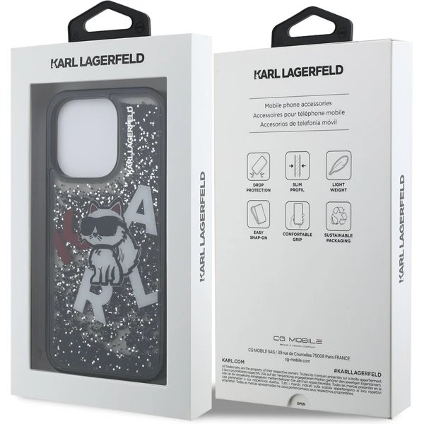 Karl Lagerfeld Liquid Glitter Scattered Choupette kryt iPhone 16 Pro Max čierny