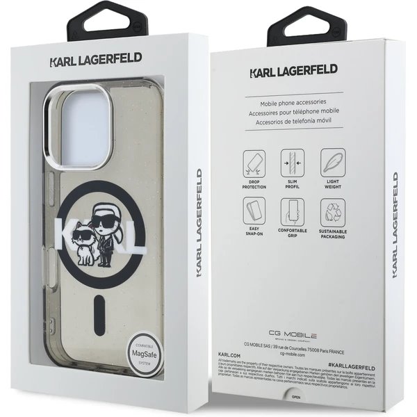 Karl Lagerfeld IML Glitter Karl and Choupette Sketch MagSafe kryt iPhone 16 Pro Max čierny