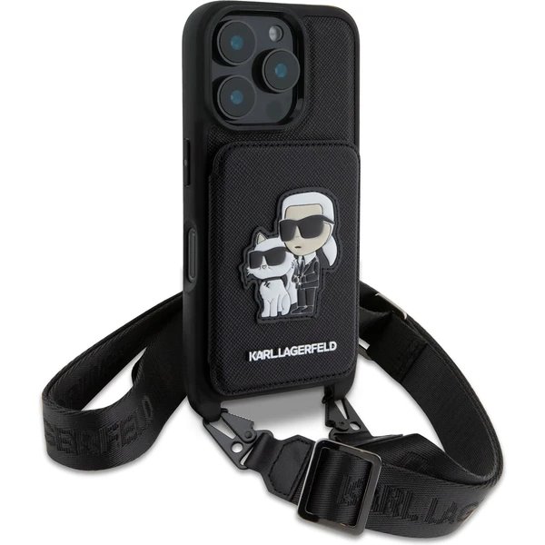 Karl Lagerfeld Saffiano Crossbody Popruh Metal Karl and Choupette kryt iPhone 16 Pro čierny