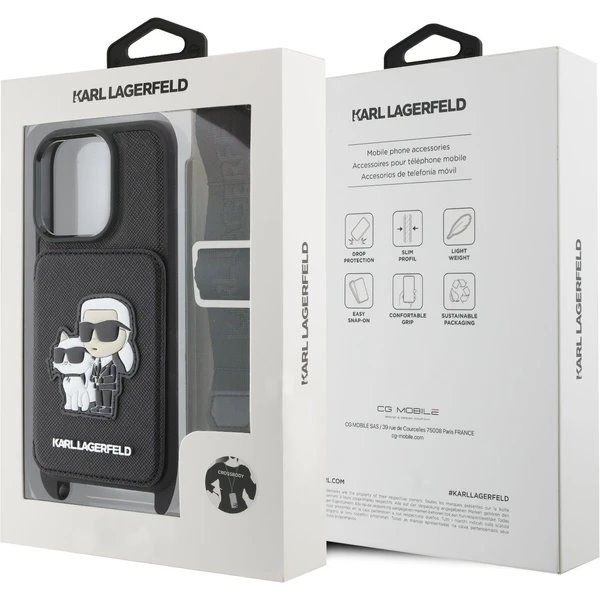 Karl Lagerfeld Saffiano Crossbody Popruh Metal Karl and Choupette kryt iPhone 16 Pro čierny