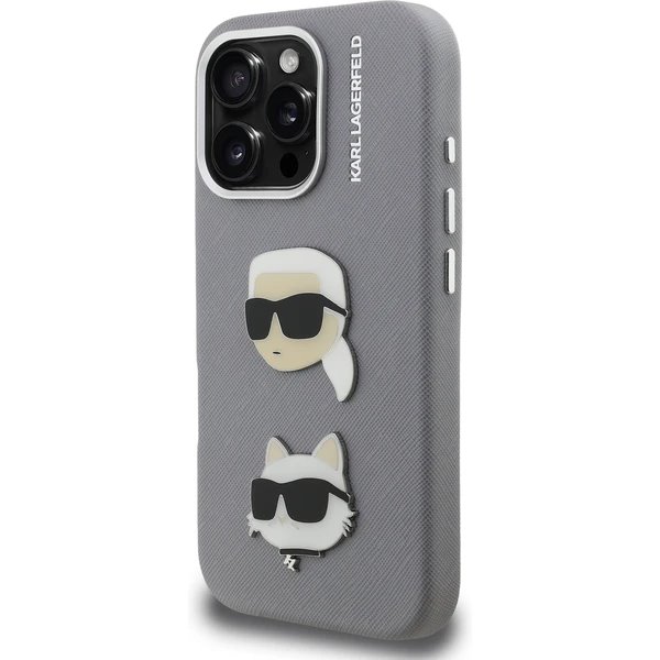 Karl Lagerfeld Grained PU K&CH Heads kryt iPhone 16 Pro šedá