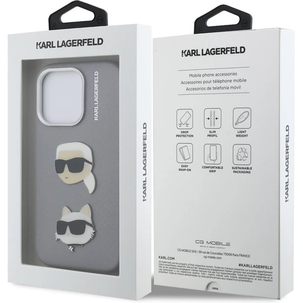 Karl Lagerfeld Grained PU K&CH Heads kryt iPhone 16 Pro šedá