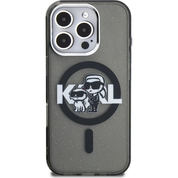 Karl Lagerfeld IML Glitter Karl and Choupette Sketch MagSafe kryt iPhone 16 Pro čierny
