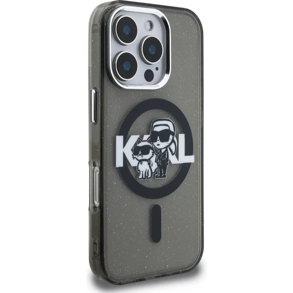 Karl Lagerfeld IML Glitter Karl and Choupette Sketch MagSafe kryt iPhone 16 Pro čierny