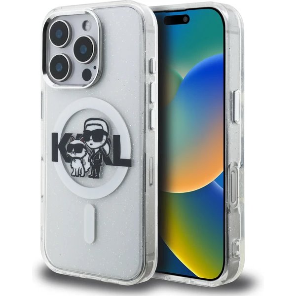 Karl Lagerfeld IML Glitter Karl and Choupette Sketch MagSafe kryt iPhone 16 Pro priehľadná