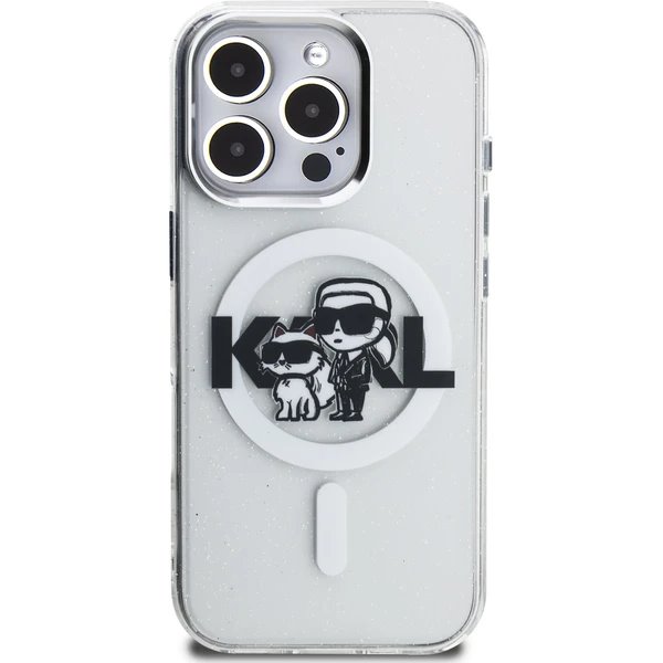 Karl Lagerfeld IML Glitter Karl and Choupette Sketch MagSafe kryt iPhone 16 Pro priehľadná