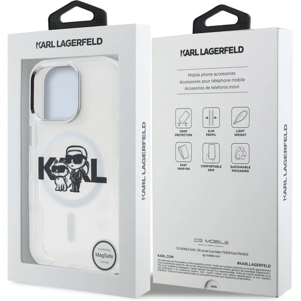 Karl Lagerfeld IML Glitter Karl and Choupette Sketch MagSafe kryt iPhone 16 Pro priehľadná