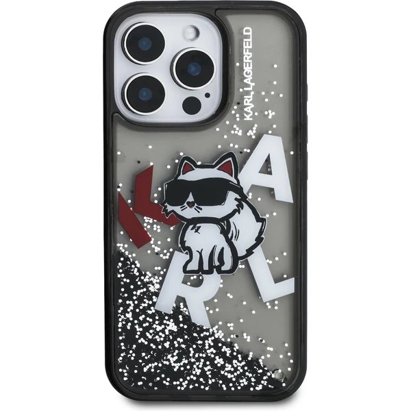 Karl Lagerfeld Liquid Glitter Scattered Choupette kryt iPhone 16 Pro čierny