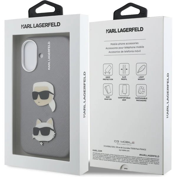 Karl Lagerfeld Grained PU K&CH Heads kryt iPhone 16 šedý