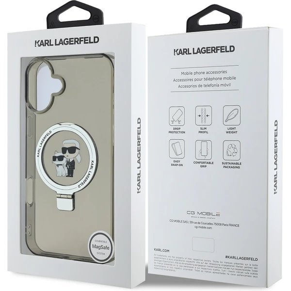 Karl Lagerfeld Ringstand Karl and Choupette MagSafe kryt iPhone 16 čierny