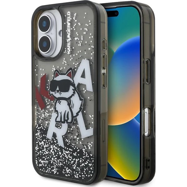 Karl Lagerfeld Liquid Glitter Scattered Choupette kryt iPhone 16 čierny