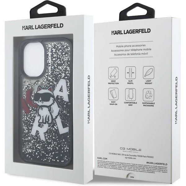 Karl Lagerfeld Liquid Glitter Scattered Choupette kryt iPhone 16 čierny