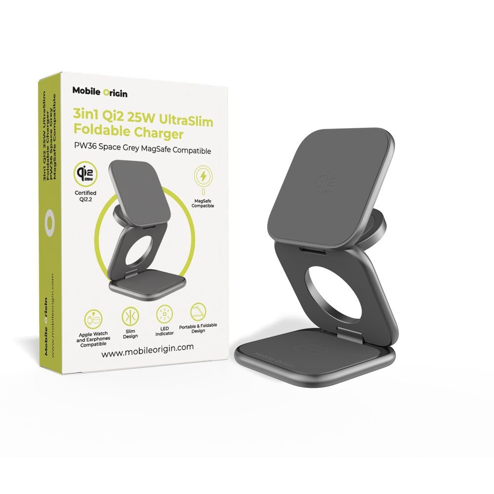 Mobile Origin 3in1 Qi2 25W UltraSlim Foldable Charger PW36 MagSafe Compatible - Space Grey