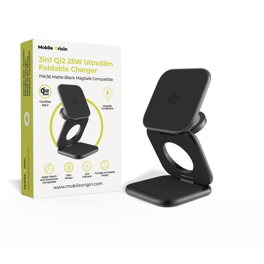 Mobile Origin 3in1 Qi2 25W UltraSlim Foldable Charger PW36 MagSafe Compatible - Matte Black