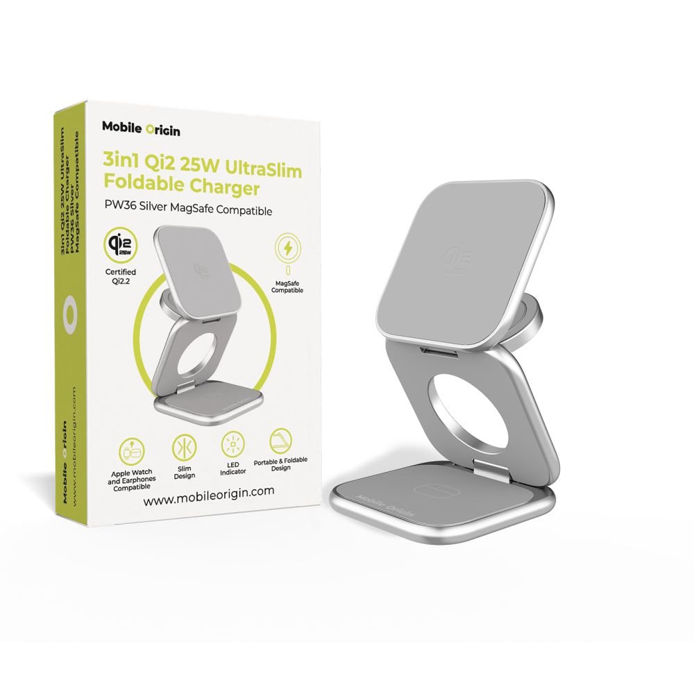 Mobile Origin 3in1 Qi2 25W UltraSlim Foldable Charger PW36 MagSafe Compatible - Silver