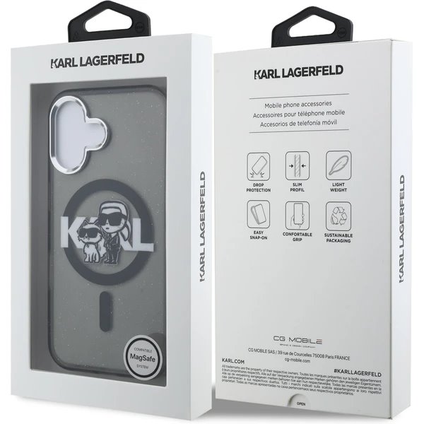 Karl Lagerfeld IML Glitter Karl and Choupette Sketch MagSafe kryt iPhone 16 čierny