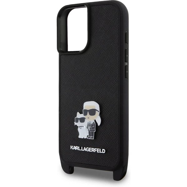Karl Lagerfeld Saffiano Crossbody Popruh Metal Karl and Choupette kryt iPhone 16 čierny