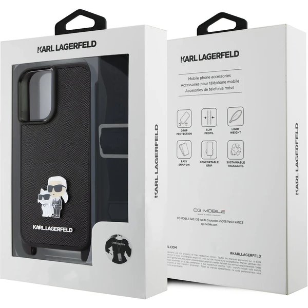 Karl Lagerfeld Saffiano Crossbody Popruh Metal Karl and Choupette kryt iPhone 16 čierny